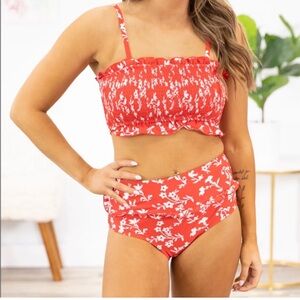 Ditsy Women’s Cute High Waist Red Strapless Smocked Bikini 2 Piece Set Size S